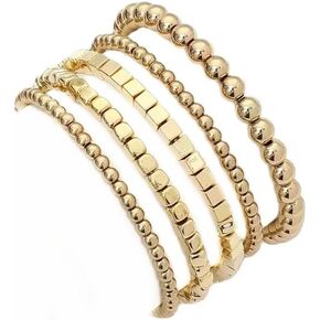 Pingyongchang Gold Plated Beaded Bracelets for Women Delicate Handmade Stackable Elegant Stretch Bead Ball Bracelets Set for Women Party Gifts Jewelry