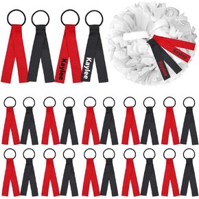 24 Pcs Cheerleader Pom Poms Tag, Red Black Cheerleader Pom Poms Name Tag Ribbon Cheer Camp Pom Tags Tie Ribbon for Backpack Cheer Team Gift