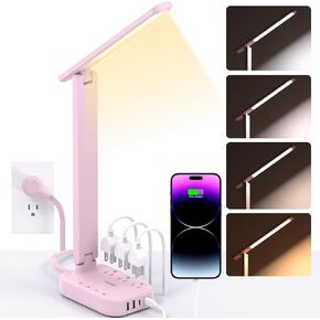 LED Desk Lamp Small Table Lamp with 3 Outlets 4 USB Ports(2 USBC), 4 Modes 6 Level Touch Dimmable Desk Light Eye-Caring Desk Lamp for Bedroom Living Room Home Office Study Reading Dorm Room Essentials