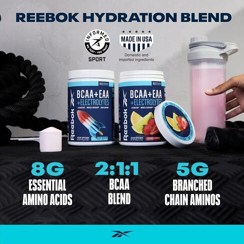 ريبوك ري كوفر BCAA + EAA + إلكتروليتات | 8 جرام من الأحماض الأمينية الأساسية، 5 جرام من الأحماض الأمينية متشعبة السلسلة، مصفوفة الترطيب | تعافي العضلات، القوة | دعم ما بعد التمرين | 30 حصة | صاروخ القمر البوب in Saudi Arabia