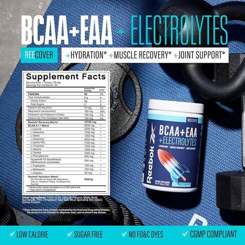 ريبوك ري كوفر BCAA + EAA + إلكتروليتات | 8 جرام من الأحماض الأمينية الأساسية، 5 جرام من الأحماض الأمينية متشعبة السلسلة، مصفوفة الترطيب | تعافي العضلات، القوة | دعم ما بعد التمرين | 30 حصة | صاروخ القمر البوب in Saudi Arabia