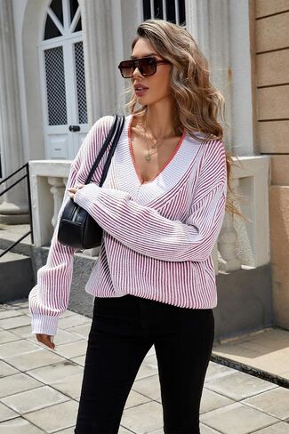 Cakulo Womens Fall 2024 Oversized Striped V Neck Sweaters Long Sleeve Knit Color Block Trendy Pullover Sweater Top in Saudi Arabia