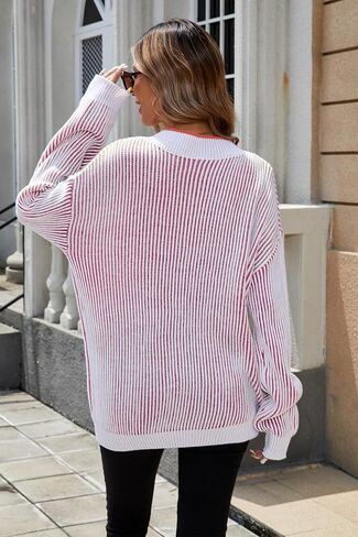 Cakulo Womens Fall 2024 Oversized Striped V Neck Sweaters Long Sleeve Knit Color Block Trendy Pullover Sweater Top in Saudi Arabia