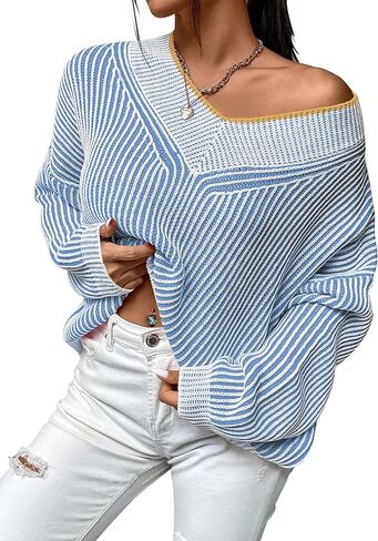 Cakulo Womens Fall 2024 Oversized Striped V Neck Sweaters Long Sleeve Knit Color Block Trendy Pullover Sweater Top in Kuwait