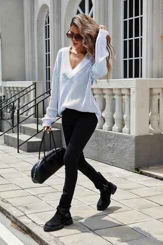 Cakulo Womens Fall 2024 Oversized Striped V Neck Sweaters Long Sleeve Knit Color Block Trendy Pullover Sweater Top in Kuwait