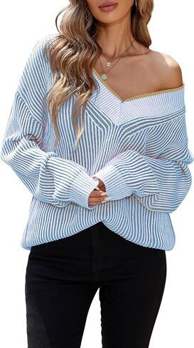 Cakulo Womens Fall 2024 Oversized Striped V Neck Sweaters Long Sleeve Knit Color Block Trendy Pullover Sweater Top in Kuwait