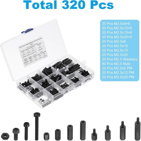 PATIKIL M2.5 Male Female Nylon Hex Spacer Standoff Kit, 320Pcs Motherboard Standoffs Assortment Kit, Electrical Outlet Spacers, Screws Nuts for PCB Motherboard, Circuit Board, Black in Saudi Arabia