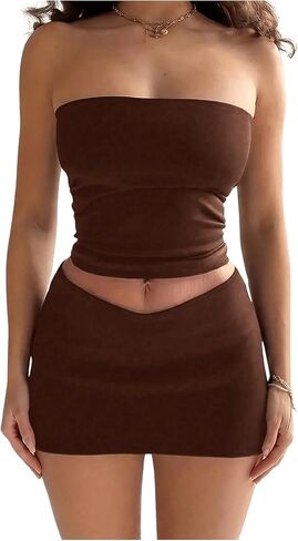 MakeMeChic Women's Summer 2 Piece Outfits Ruched Strapless Bandeau Tube Crop Tops and Bodycon Mini Skirt Sets in Saudi Arabia