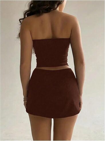 MakeMeChic Women's Summer 2 Piece Outfits Ruched Strapless Bandeau Tube Crop Tops and Bodycon Mini Skirt Sets in Saudi Arabia