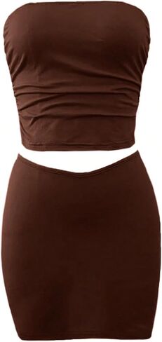 MakeMeChic Women's Summer 2 Piece Outfits Ruched Strapless Bandeau Tube Crop Tops and Bodycon Mini Skirt Sets in Saudi Arabia