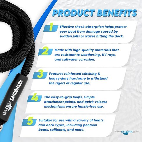 SandShark Premium Anchor Bungee Dock Line. Boat Accessories Anchor Line Absorbs Shock to Anchors and Docks w/Stainless Steel Clip - Black - 7-21ft in Kuwait