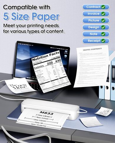 Memoqueen M833 Portable Printer Wireless for Travel Inkless Thermal Printer Support 8.5'' x 11'' US Letter & A4 Thermal Paper, Bluetooth Wireless Printer for Phone & Laptop for Office, School, Home in Kuwait