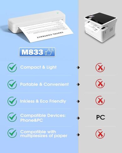 Memoqueen M833 Portable Printer Wireless for Travel Inkless Thermal Printer Support 8.5'' x 11'' US Letter & A4 Thermal Paper, Bluetooth Wireless Printer for Phone & Laptop for Office, School, Home in Kuwait