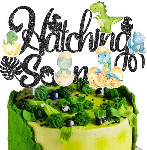 Dinosaur Hatching Soon Cake Topper Dinosaur Baby Shower Decorations Green Glitter Dinosaur Theme Cake Pick for Dino Theme Gender Reveal It's A Boy Party Supplies in Saudi Arabia