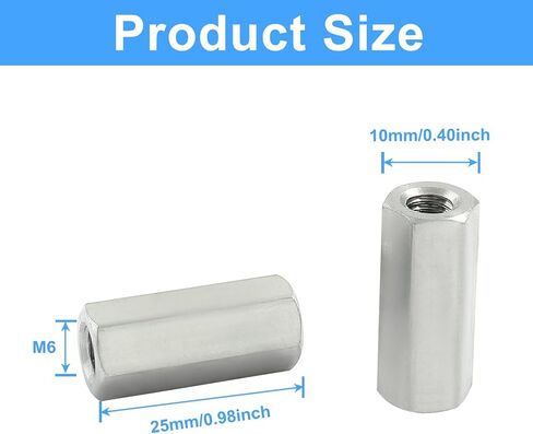 6 Pcs M6 X 1.0-Pitch 25 mm Length Hex Coupling Nut, 10 mm Width Stainless Steel Rod Coupling Nuts (Metric) in Saudi Arabia