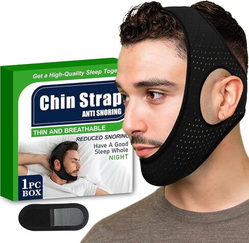 حزام ذقن مضاد للشخير للنوم، أجهزة مريحة لتوقف التنفس أثناء النوم تأتي مع حزام تمديد، حزام فك لتدفق الهواء، حل قابل للتنفس لوقف الشخير للرجال والنساء، أسود in Kuwait