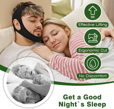 حزام ذقن مضاد للشخير للنوم، أجهزة مريحة لتوقف التنفس أثناء النوم تأتي مع حزام تمديد، حزام فك لتدفق الهواء، حل قابل للتنفس لوقف الشخير للرجال والنساء، أسود in Kuwait
