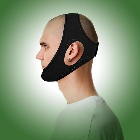 حزام ذقن مضاد للشخير للنوم، أجهزة مريحة لتوقف التنفس أثناء النوم تأتي مع حزام تمديد، حزام فك لتدفق الهواء، حل قابل للتنفس لوقف الشخير للرجال والنساء، أسود in Kuwait