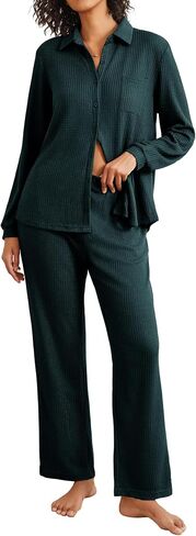 Ekouaer Womens Waffle Knit Pajamas Set 2 Pieces Loungewear Long Sleeve Button Down Matching Sleepwear in Saudi Arabia