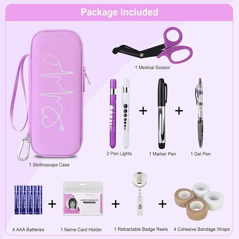 BOVKE 15 Pcs Stethoscope Case Set, Nurse Tool Kits Include Stethoscope Case, Medical Scissor, 2 Penlights with Batteries, Bandage Wraps, Name Card Holder for Nurse Accessories for Work, Purple in Saudi Arabia