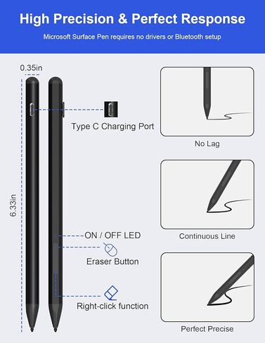 قلم Surface لقلم Microsoft Surface Pro - مع خاصية رفض راحة اليد، قابلة لإعادة الشحن، حساسية الضغط 4096 وجاذبية مغناطيسية، قلم Microsoft لـ Surface Pro X/9/8/7/6/5/4/3، Surface Go/Book/Studio in Kuwait