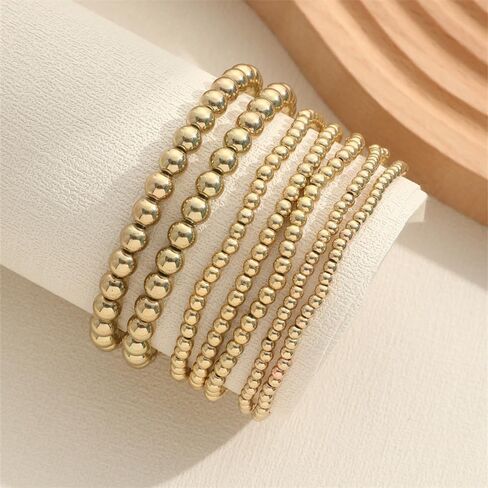 Pingyongchang Gold Plated Beaded Bracelets for Women Delicate Handmade Stackable Elegant Stretch Bead Ball Bracelets Set for Women Party Gifts Jewelry in Saudi Arabia