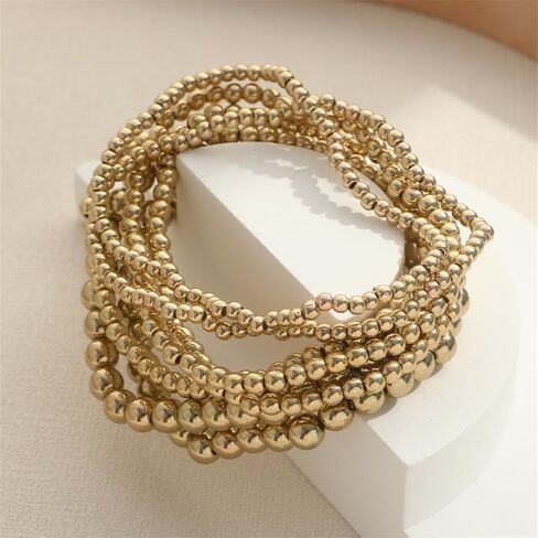 Pingyongchang Gold Plated Beaded Bracelets for Women Delicate Handmade Stackable Elegant Stretch Bead Ball Bracelets Set for Women Party Gifts Jewelry in Saudi Arabia