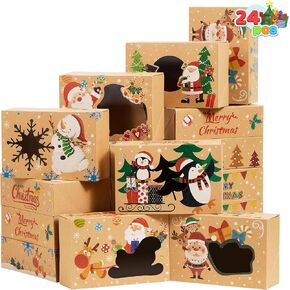 JOYIN 12 Pcs Christmas Cookie Boxes, Kraft Cookie Boxes with Window 8.5" x 5.75" x 2.75", 6 Designs Bulk Holiday Cookie Boxes for Christmas Holiday Pastries, Cupcakes, Brownies, Xmas Gift Giving