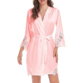 Women's Silk Satin Robe Lace Trim Short Kimono Bridal Bridesmaid Robes Wedding Party Bathrobe Sleepwear