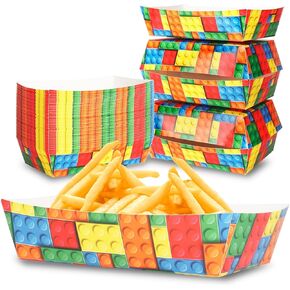No Folding Required 50 Pack 3Lb 3D Building Block Favor Paper Food Trays Large Brick Theme Party Disposable Serving Tray Food Boats Nacho Trays Hot Dog for Building Block Themed Party Decorations