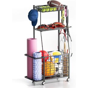 ZHOOGE Sports Equipment Organizer Garage Storage Organization, Garage Organizer Ball Storage Rack Rolling Cart with Basket and Hooks for Toy/Sports Gear Storage Indoor/Outdoor Use, Black