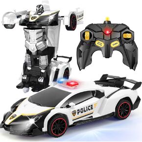 Remote Control Car Transformer Toys for Boy 4-6 Years Old: One-Button Transforming Police Car with LED Light & 360° Rotation Drifting 2.4 Ghz Robot RC Car Christmas Birthday Gift Idea for Kids