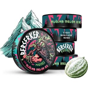 Berserker Energy Pouches - Mjölnir Melon Ice - Caffeine Infused - 100mg Per Pouch - 5 Pack - Tobacco & Nicotine Free - Energy Drink Replacement