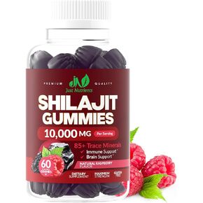 Shilajit 10,000mg Gummies for Men & Women - Maximum Strength, Gluten-Free, Non-GMO, 100% Vegetarian - Natural Raspberry Flavor - 60 Count