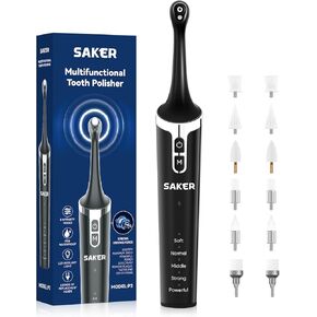 Saker Tooth Polisher, 2 Set Replacement Polishing Brush Heads(12pcs) Included, Rechargeable Tooth Polishing Kit, Dental Teeth Polisher with LED Light, 5 Speed Modes, Waterproof