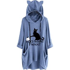 Gesaofa I Do What I Want Cat Graphic Hoodies for Women Irregular Hem 3/4 Sleeve Cat Ear Hooded Tunic Tops with Pockets in Saudi Arabia