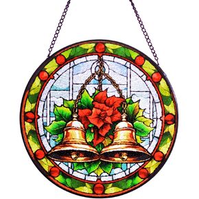 Christmas Bell Stained Glass Suncatcher, Hand-Painted Hot Air Ball Bell Christmas Decorative Hanging Ornaments Suncatcher for Window Stained Glass Window Hanging Gift for Christmas Home Decor (Chime)