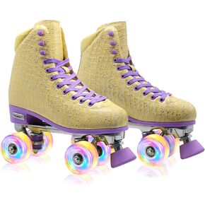 Roller Skates for Women Girls and Kids, Light Up Wheels - Quad Outdoor PU Leather High-Top Design Derby Rollerskates for Beginners Youth Sizes 2 3 4 5 6 7 8 9 10 11