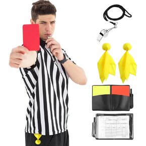 5 Pcs Referee Costume Kit, Referee Costume for Boys Kids Men, Sports Costume Shirt Uniform Umpire Whistle Yellow Penalty Flag Referee Card for Basketball Football Soccer Referee Accessories