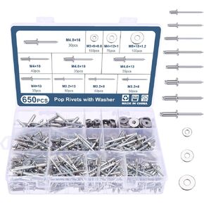 OCR 650PCS 304 Stainless Steel Pop Rivets with Washer Assortment Kit 8-Sizes Stainless Rivets(1/8" 5/32" 3/16"),for Joining Metal Plate,DIY, Automotive, Instruments, Furniture