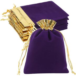HRX Package 10pcs Velvet Bags with Drawstrings 5x7 inch, Black Gold Cloth Gift Pouches Baggies Sacks for Jewelry Dice Party Favor