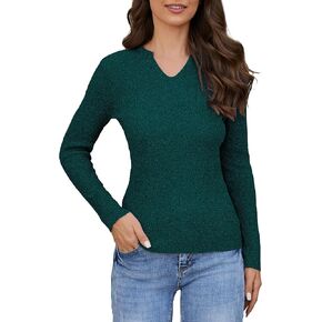 Women's V Neck Pullover Sweater Long Sleeve Soft Slim Fit Lightweight Knit Tops