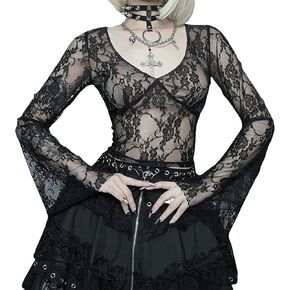 Kimydreama Women Mesh See Through T Shirt Lace Floral Long Sleeve Low Cut Crop Tops Sexy Sheer Blouse with Bra Streetwear