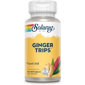 Solaray Ginger Trips Travel Aid | Root Extract | Healthy Digestive Support w/Honey, Stevia & Molasses | 60 Chewables