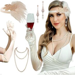 1920s Flapper Gatsby Costume Accessories Set 20s Flapper Headband Vintage Pearl Necklace Gloves