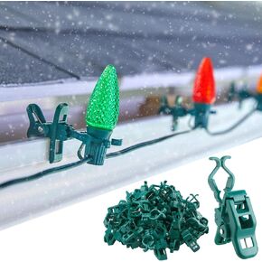 Minetom C7 C9 Christmas Light Clips Outdoor, 100 Count Universal Quick Christmas Light Spring Clips for Outside Roof Gutter Shingle Fence E12 E17 Base
