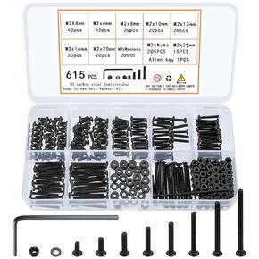 1635 Pcs M2 M3 M4 M5 Metric Bolts and Nuts Assortment, Assorted Hex Socket Button Head Cap Screws and Nuts and Washers Kit, Machine Screw Assortment Kit, Black Hex Nuts and Bolts and Washers