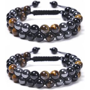 2PCS Triple Protection Bracelet, Tiger Eye Bracelet for Men and Women Black Hematite and Obsidian 10mm Crystal Beads Bracelet Handmade Gifts for Luck Prosperity