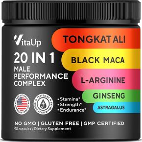 Tongkat Ali for Men 20 in 1 with Astragalus - USA Made Male Performance Complex with Black Maca Root, L-Arginine, Ginseng, Calcium, Astragalus for Normal Strength & Endurance Support - 90 Caps