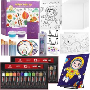 PUOPOSTY Acrylic Paint Set for Kids – Complete Painting Kit for Ages 4-12 – Premium Art Supplies w/Wooden Easel, 24 Paints, 4 Canvases, 10 Brushes & More – Ideal Birthday Easter Gift for Boys & Girls